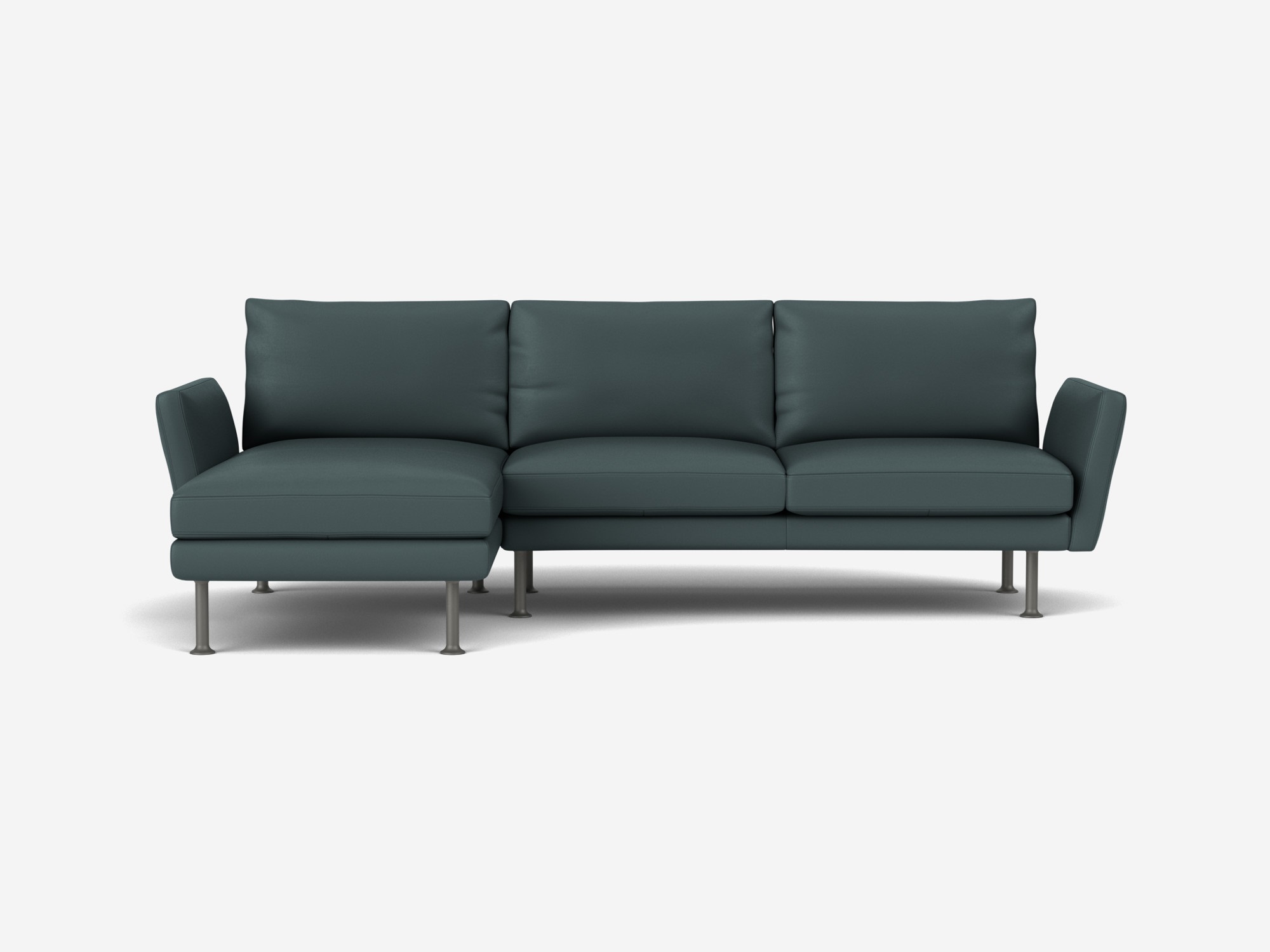 Blue leather sectional sofa with low arms and left facing chaise front view